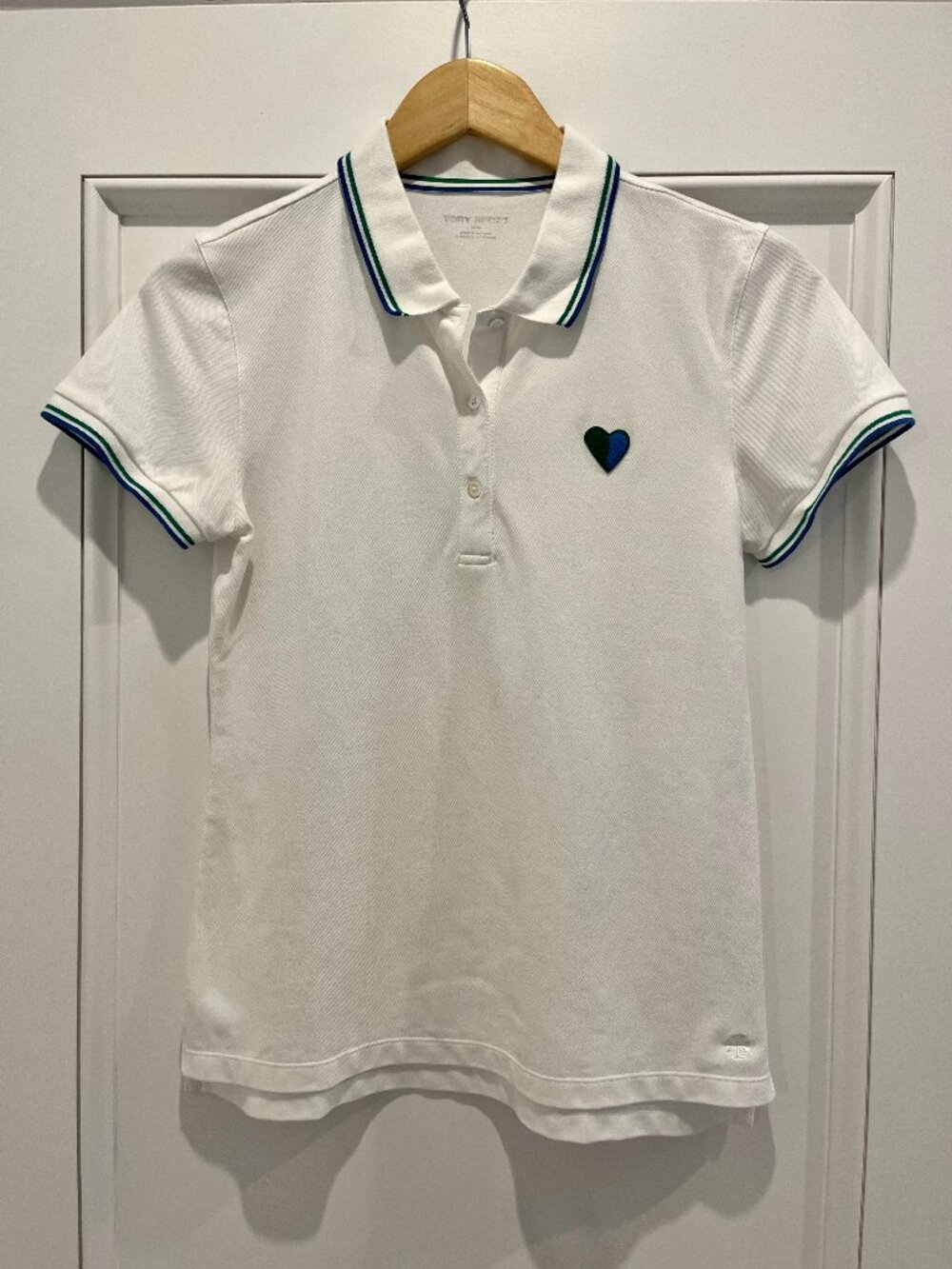 Tory Burch Sport White Piqué Golf Polo Shirt w/ Green/Blue Trim & Heart Size M